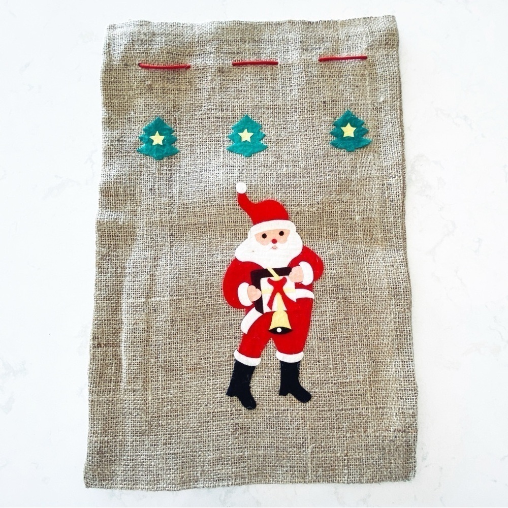 2 Vintage MCM Santa Scandinavian Christmas Hand Made Burlap Folk Art Gift Bags - Picture 2 of 9